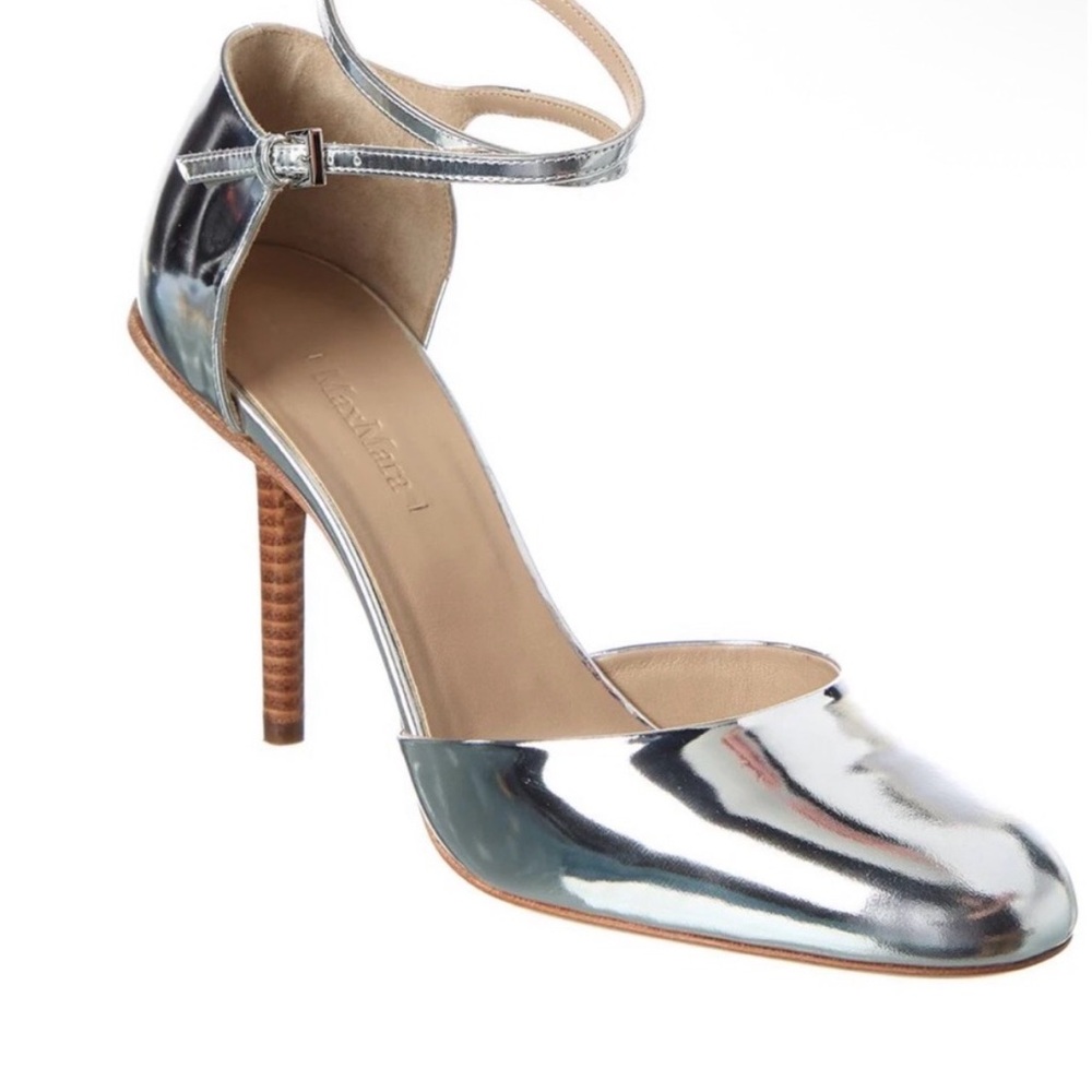 Max Mara Metallic Silver Leather Ankle-Strap Stiletto Pump
